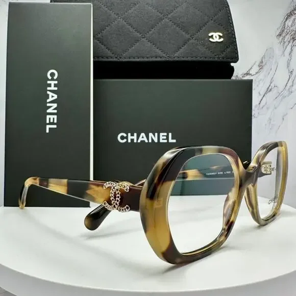 New CHANEL Eyeglasses Brown Gold Chain CC Square Acetate Womens - Picture 9 of 16